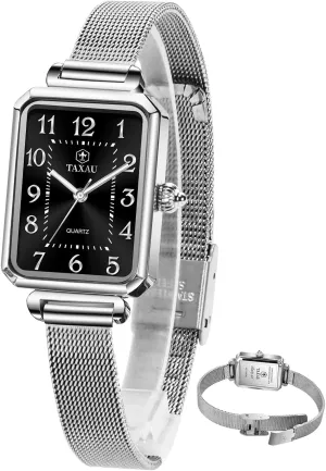 Taxuax Dress Watches for Women Square Watch Womens Black Dial Small Face Women's Waterproof Watch Mesh Watches Large Number Rectangle Hand Ladies Watch for Minimalist reloj Elegante para Mujer