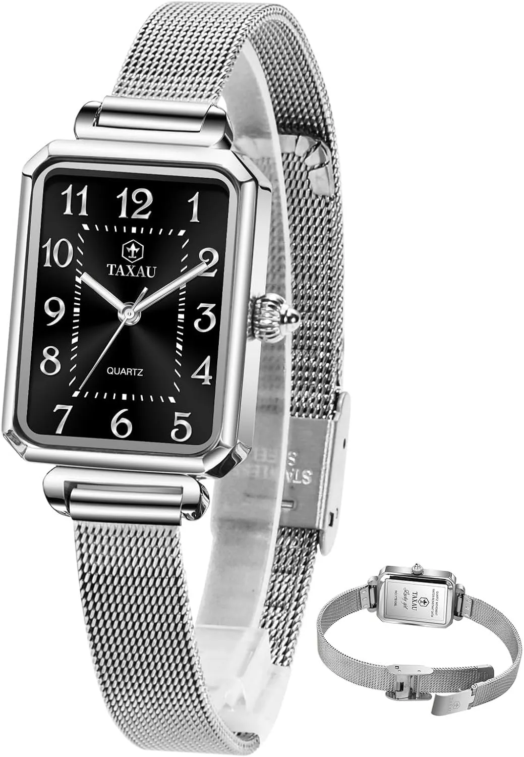 Taxuax Dress Watches for Women Square Watch Womens Black Dial Small Face Women's Waterproof Watch Mesh Watches Large Number Rectangle Hand Ladies Watch for Minimalist reloj Elegante para Mujer