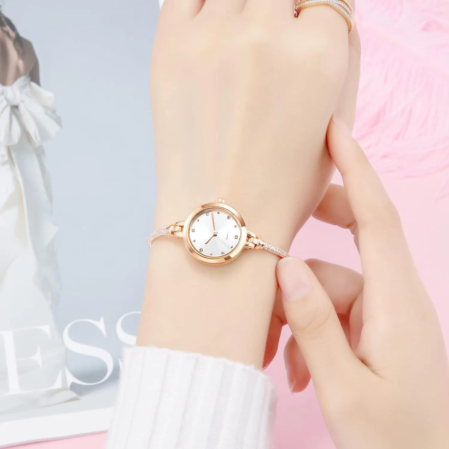 TOOCAT Women Analog Quartz Watch Bling Rose Gold Watches with Glitter Diamonds Bracelet Waterproof Quartz Wristwatch for Female Student