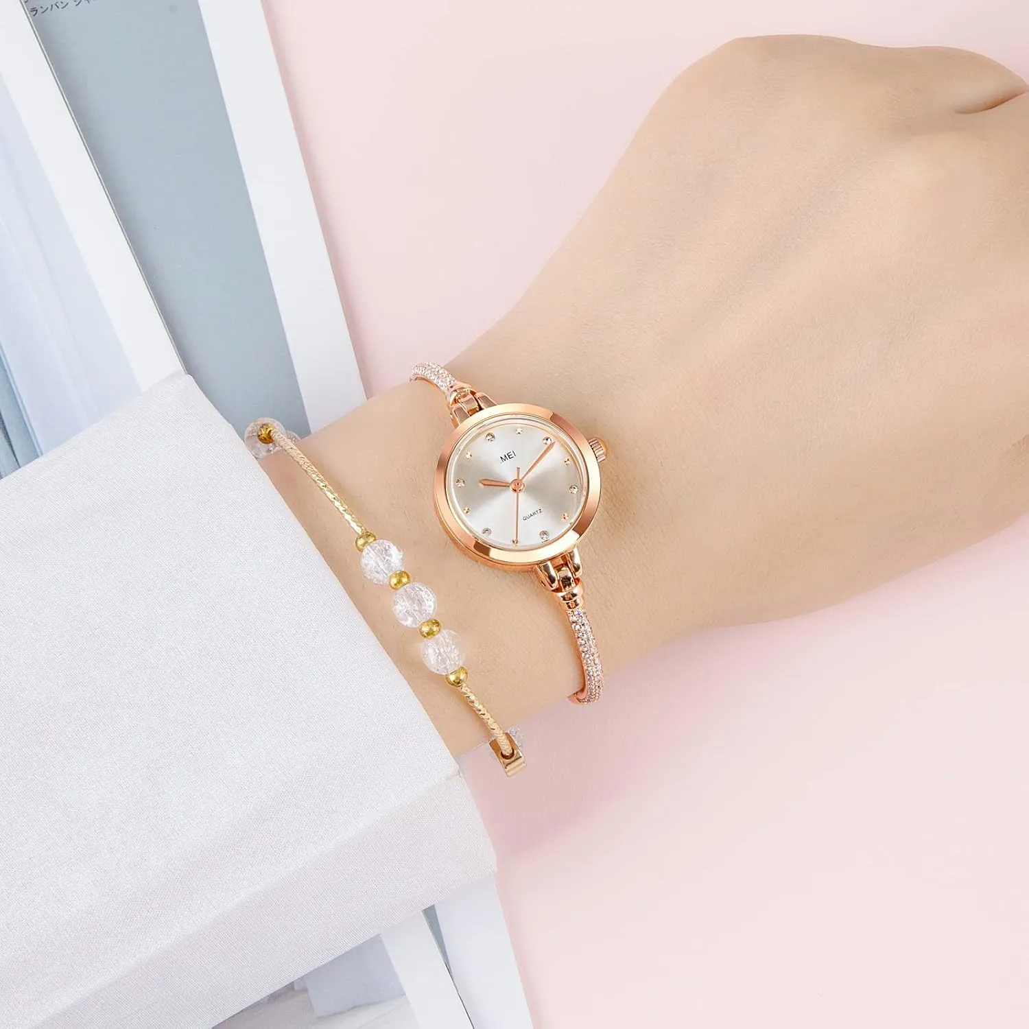 TOOCAT Women Analog Quartz Watch Bling Rose Gold Watches with Glitter Diamonds Bracelet Waterproof Quartz Wristwatch for Female Student