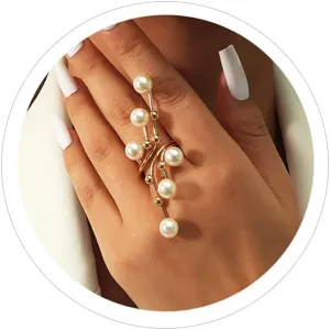 Vintage Pearl Cluster Rings - Adjustable Open Full Finger Pearl Statement Rings for Women Vintage Pearl Cluster Rings - Adjustable Open Full Finger Pearl Statement Rings for Women