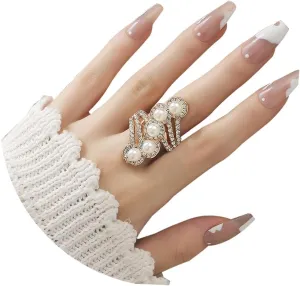 Vintage Pearl Cluster Rings - Adjustable Open Full Finger Pearl Statement Rings for Women Vintage Pearl Cluster Rings - Adjustable Open Full Finger Pearl Statement Rings for Women