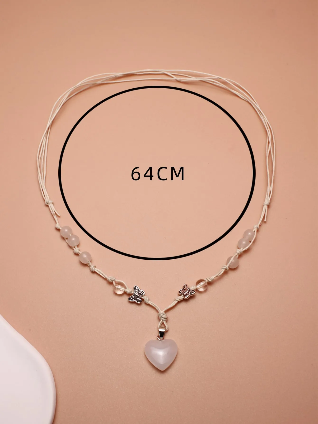 White Heart Butterfly & Bead Decor Heart Pendant Necklace for Women Girls