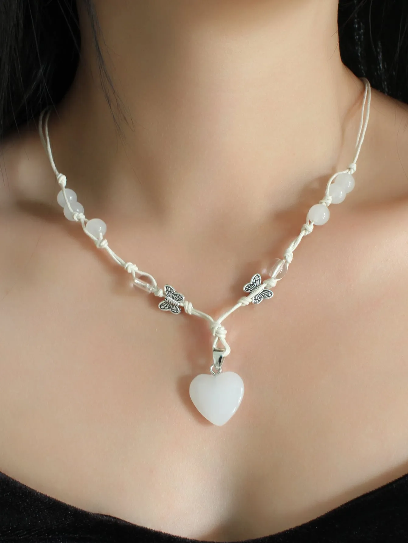 White Heart Butterfly & Bead Decor Heart Pendant Necklace for Women Girls
