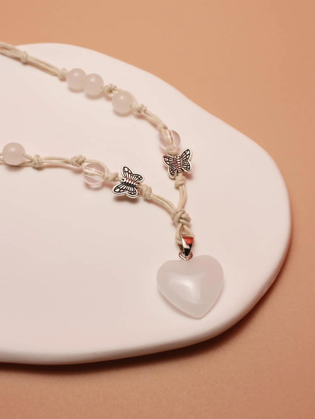 White Heart Butterfly & Bead Decor Heart Pendant Necklace for Women Girls