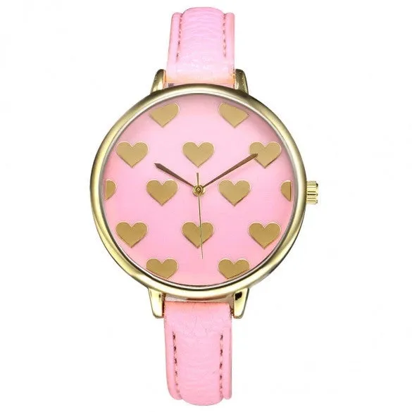 Women Fashion Synthetic Leather Large Dial Slim Watchband Heart Pattern Quartz Analog Wrist Watch
