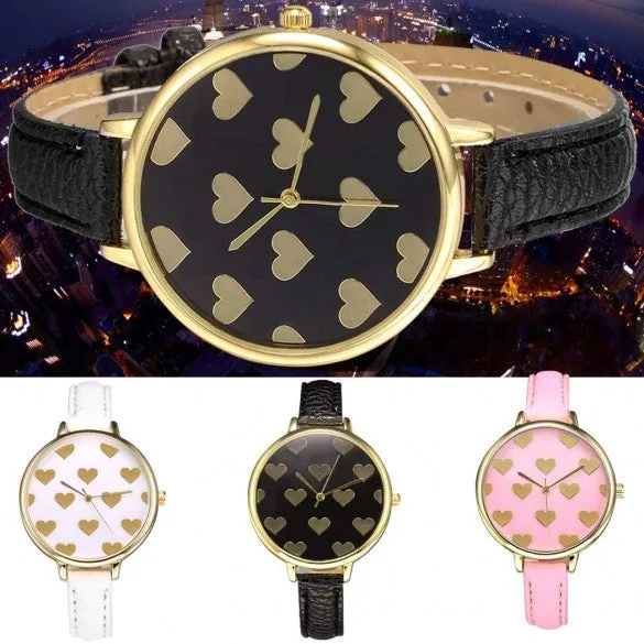 Women Fashion Synthetic Leather Large Dial Slim Watchband Heart Pattern Quartz Analog Wrist Watch