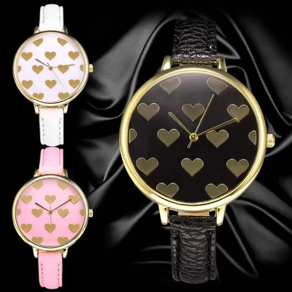 Women Fashion Synthetic Leather Large Dial Slim Watchband Heart Pattern Quartz Analog Wrist Watch