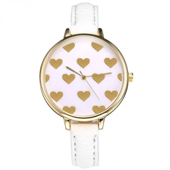 Women Fashion Synthetic Leather Large Dial Slim Watchband Heart Pattern Quartz Analog Wrist Watch