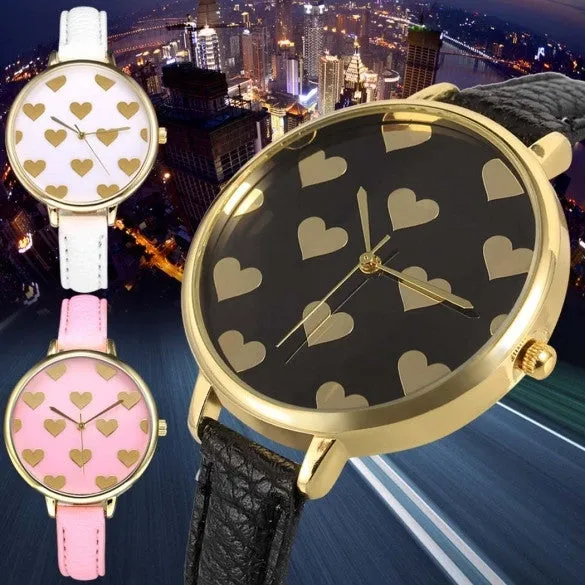 Women Fashion Synthetic Leather Large Dial Slim Watchband Heart Pattern Quartz Analog Wrist Watch