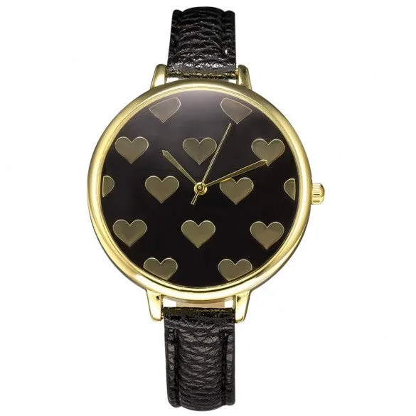 Women Fashion Synthetic Leather Large Dial Slim Watchband Heart Pattern Quartz Analog Wrist Watch