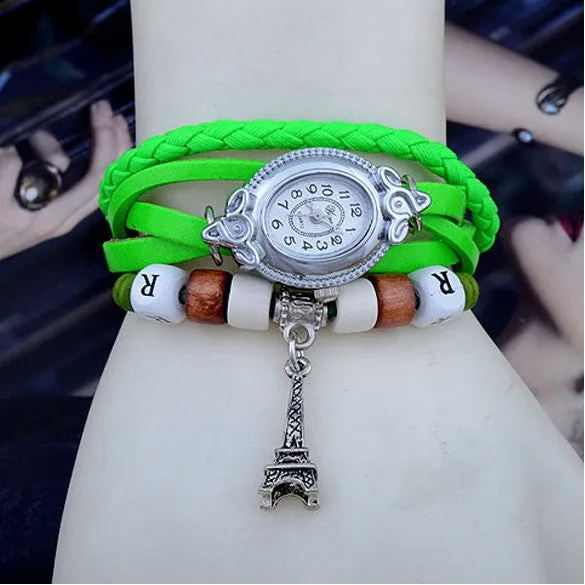 Women's Quartz Tower Pendant Weave Wrap Synthetic Leather Bracelet Wrist Watch