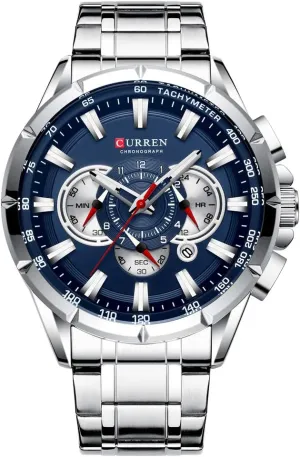 Wrist Watch Men Waterproof Chronograph Military Army Stainless Steel Male Clock Man Sport Watches 8363 (Silver Blue)